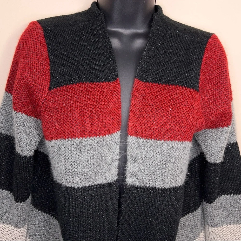 Petite Large IN Studio Colorblock Long Sleeve Open Front Sweater Black Grey Red